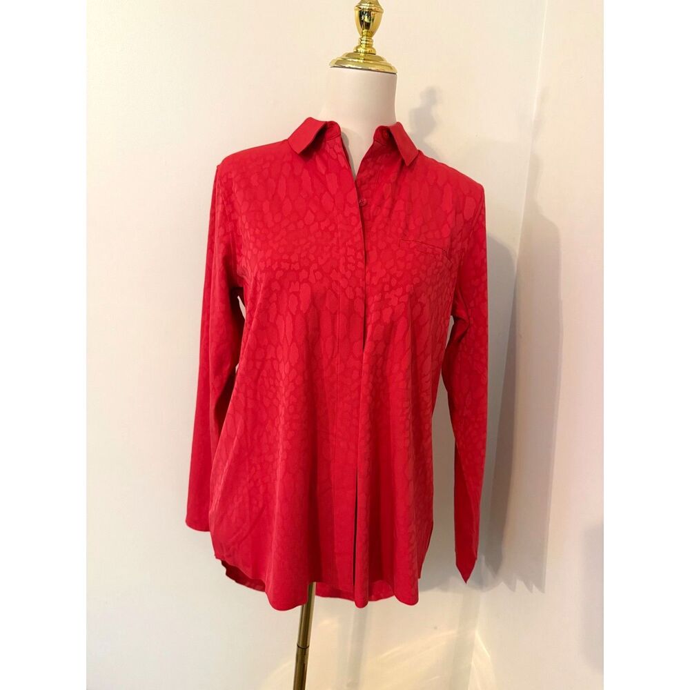 Athleta Urbanite Textured Top S Matador Red Leopard Jacquard Button Down